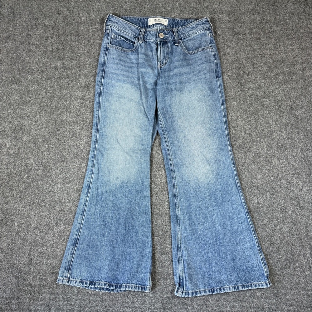 Hollister Women 26s Low Rise Baggy Flare Blue Jeans Rigid Denim Y2K Style